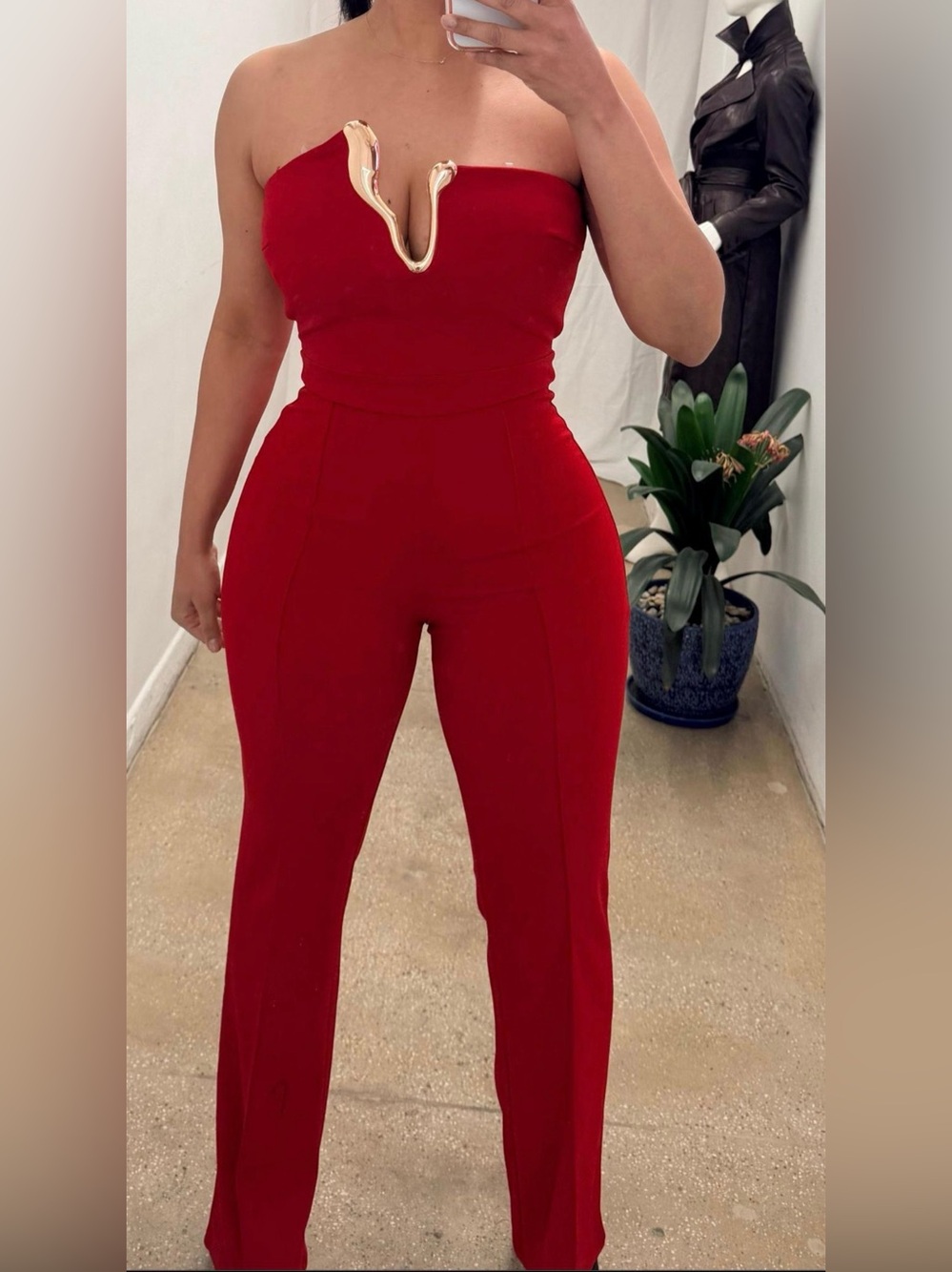Women's Red Strapless Jumpsuit with Notch Neck